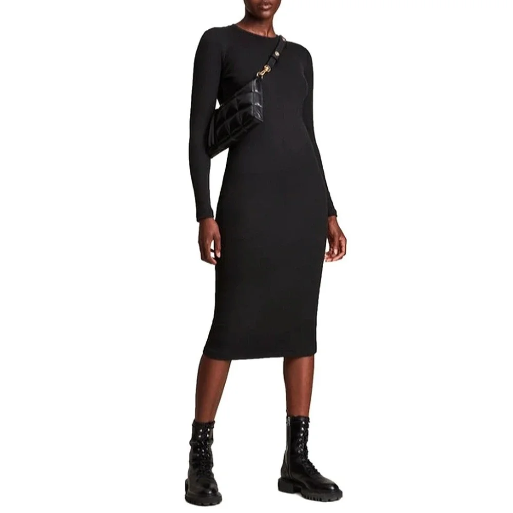 allsaints knit dress AllSaints Dina Blouson Sleeve Sweater & Knit Midi Dress Set in Pine Bark Brown at Nordstrom, Size Large